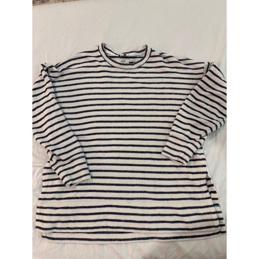 Aerie Oversized Striped Long Sleeve Top Navy White Side Slit Crewneck M